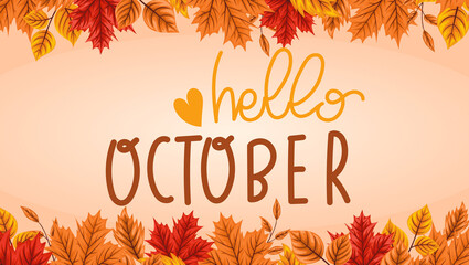 Floral wreath Hello October witn pumpkin in watercolor style. Wreath design for greeting card, invitation, cover and advertisement. Vector colorful illustration