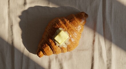 A croissant with a melting butter square resting on textured fabric under sunlight