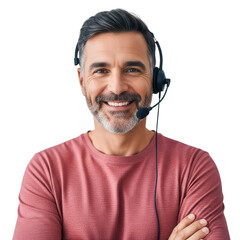 Smiling man with headset arms crossed isolated on transparent background