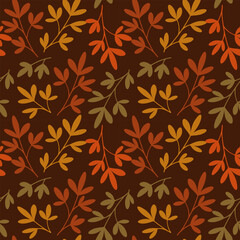 Seamless Autumn Leaf Pattern with Hand Drawn Branches and Colorful Leaves on Dark Brown Background