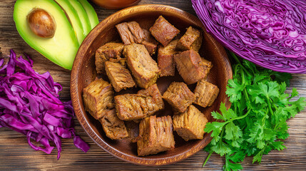 A vibrant arrangement of Mexican street food on a rustic wooden surface.