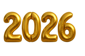 Golden foil balloons shaped as numbers forming 2026, festive decoration with shiny metallic texture and celebratory mood