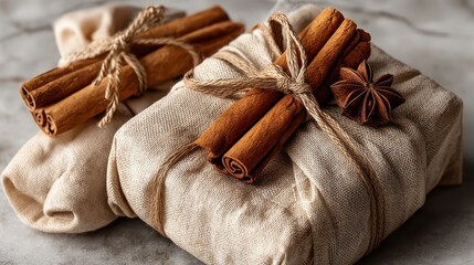 Wrapped fabric packages decorated with cinnamon sticks and star anise spices.