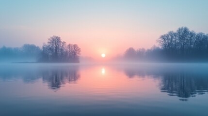 Tranquil Sunrise Over Serene Lake with Mist and Trees in Horizon