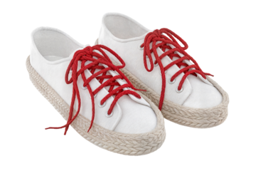 Modern espadrille sneakers with vibrant red laces and stylish woven soles for fashion forward looks on transparent background