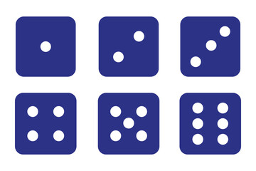 Dice graphic icon. White, Blue game dice cubes from one to six dots. Gambling objects to play in casino, poker. Six faces of cube. Traditional die with numbers of dots from 1 to 6. Vector.