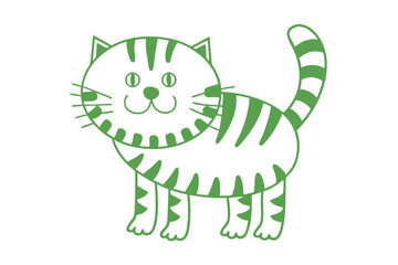 The cute striped cat with a happy face is standing in green outline