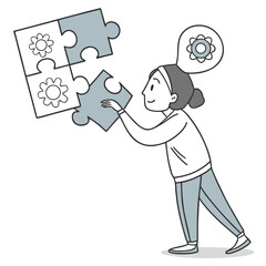 Woman assembling puzzle pieces with flower motif thought bubble