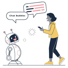 Person interacting with friendly robot using chat bubbles artificial intelligence