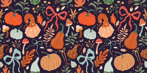 Autumn seamless pattern with pumpkins and bows, coquette seasonal wallpaper, aesthetic background