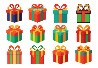Collection of Colorful Christmas Gift Boxes with Ribbons and Bows Illustration