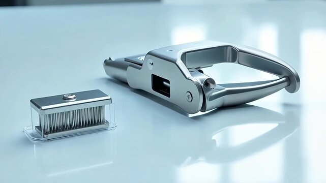 Sleek modern metal meat tenderizer tool on bright reflective surface, showcasing precision engineering