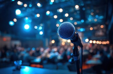 Close-up of a microphone on a stand with a blurred stage and colorful lights in the background during a live music performance