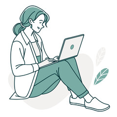 Woman browsing internet on laptop while sitting vector