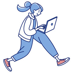 Blue haired girl typing on laptop while running cartoon illustration