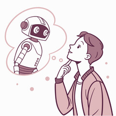 Man thinking about robot with pointing finger artificial intelligence idea