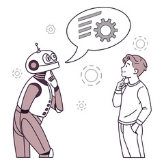 Robot and human thinking together with gears and data vector