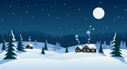 Enchanting Snowy Evening with Cozy Cottages Amidst Pine Trees Under a Full Moon and Starry Sky