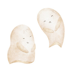 Clipart funny ghosts. Watercolor illustration for Halloween hand-drawn in children's style. Picture isolated from background for design of postcard, poster, invitation to holiday, clothes scrapbooking