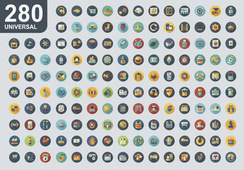 Collection of 280 colorful universal icons on a light gray background.