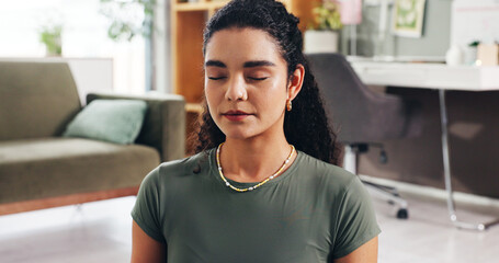 Woman, breathing and meditation for yoga at house for fitness, spiritual healing and holistic...