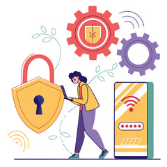 Person using laptop near shield and phone with wifi lock