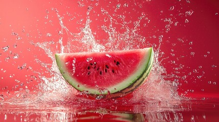 Powerful liquid explosion, watermelon on a red background, commercial photography, bright environment, studio lighting, 3D rendering, high