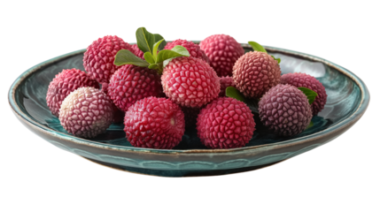 Plate of fresh lychee fruits on ceramic dish on transparent background.