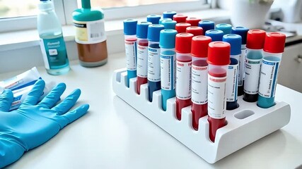 Medical professional prepares for scientific testing with blood samples and sterile gloves