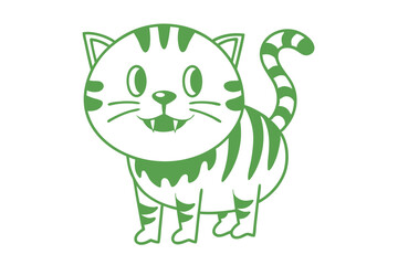 Green striped cartoon cat with fangs stands playfully against the white background