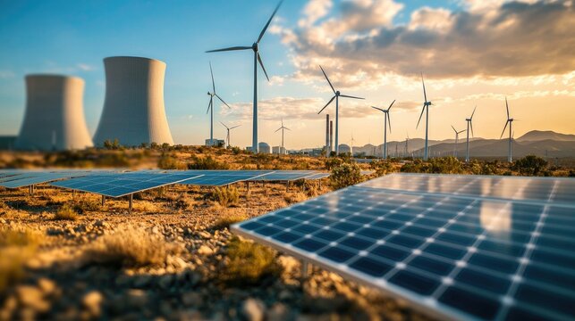 Professional photo expressing energy such as a desert with wind turbines, a nuclear power plant and solar panels. Close-up shot.