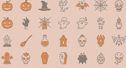 Unique Halloween Vector Icons Set Flat Outline Silhouette and Cartoon Styles