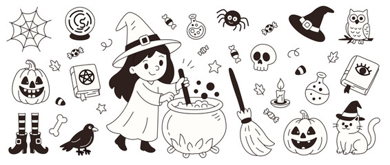 Halloween elements set with witch isolated on white background, doodle drawing for halloween design, coloring pages