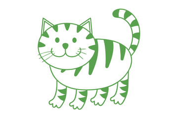 Green cartoon striped cat stands cheerfully, showing a happy face and tail markings