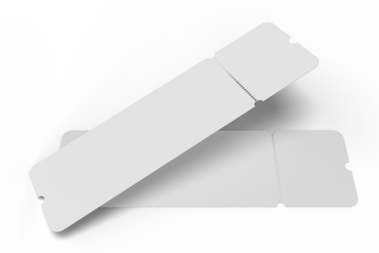 3D Realistic empty event tickets mockup isolated on background. Blank template for showcasing your ticket, train, raffle, carnival, concert, festival, lottery, coupon, theatre or airplane pass label.