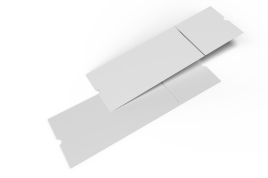 3D Realistic empty event tickets mockup isolated on background. Blank template for showcasing your ticket, train, raffle, carnival, concert, festival, lottery, coupon, theatre or airplane pass label.