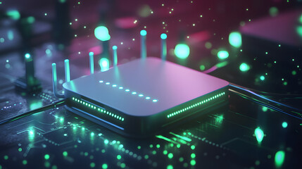 Advanced microchip glowing with futuristic digital data streams and vibrant circuit board connections.