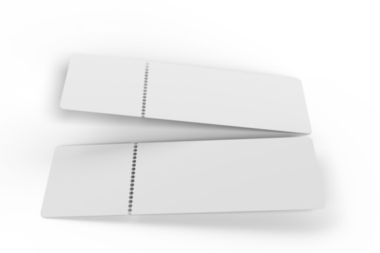 3D Realistic empty event tickets mockup isolated on background. Blank template for showcasing your ticket, train, raffle, carnival, concert, festival, lottery, coupon, theatre or airplane pass label.