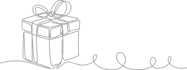 Minimalist Gift Box with Ribbon on Transparent Background, Single Line Art Style