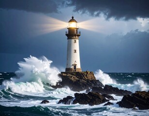 Obraz premium A resilient lighthouse endures a powerful ocean storm, its bright beam piercing through dark, turbulent waves and ominous clouds, offering steadfast hope and essential guidance