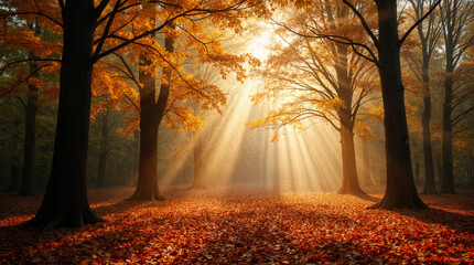 the afternoon scenery of the forest cows full of autumn foliage
