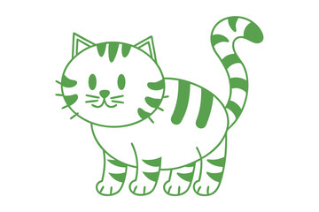 Playful green tabby cat stands with a cute expression and patterned tail