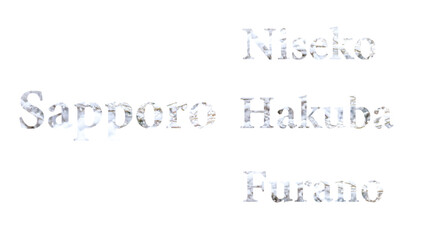 日本の観光地の都市名「札幌、ニセコ、白馬、富良野」を、雪のデザイン文字にしました。