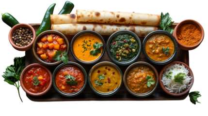 Traditional Indian thali with curries, vegetables, rice, and flatbreads on transparent background.