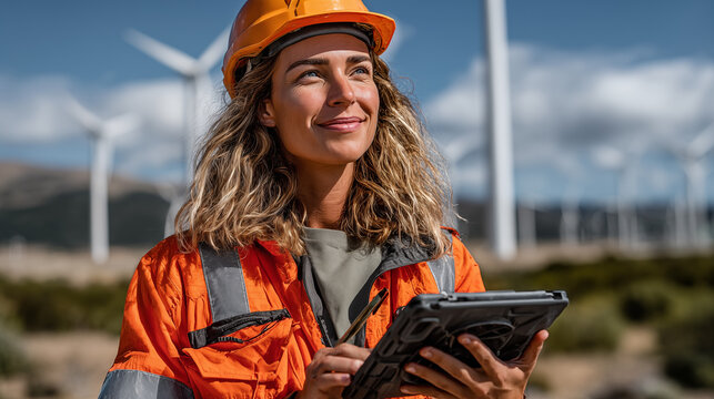 Portrait of a female engineer using a digital tablet in wind turbines farm