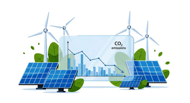 
A clean illustration showing a graph of decreasing CO2 emissions, positioned between solar panels and wind turbines, symbolizing the positive environmental impact of renewable energy.