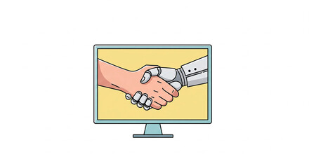 A simple illustration shows a human hand and a robotic hand shaking hands inside a computer monitor, symbolizing the collaboration and integration of humanity with artificial intelligence.