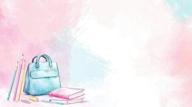 Soft children's school-themed background with pastel tones, minimal elements like one schoolbag, a pencil and a book on the left side, clean and playful, smooth 