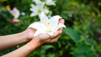 Gentle hands hold a pristine white lily.