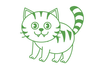 Green outlined smiling kitten showcases small fangs and a striped tail on white